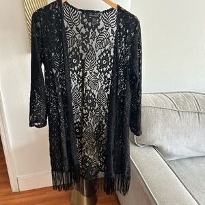 Black Lace Fringe WhimsyGoth Boho Grunge Festival Kimono Size L